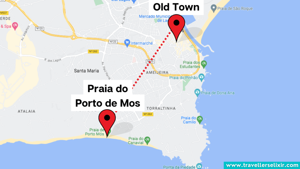 Map showing the location of Praia do Porto de Mos in Lagos.