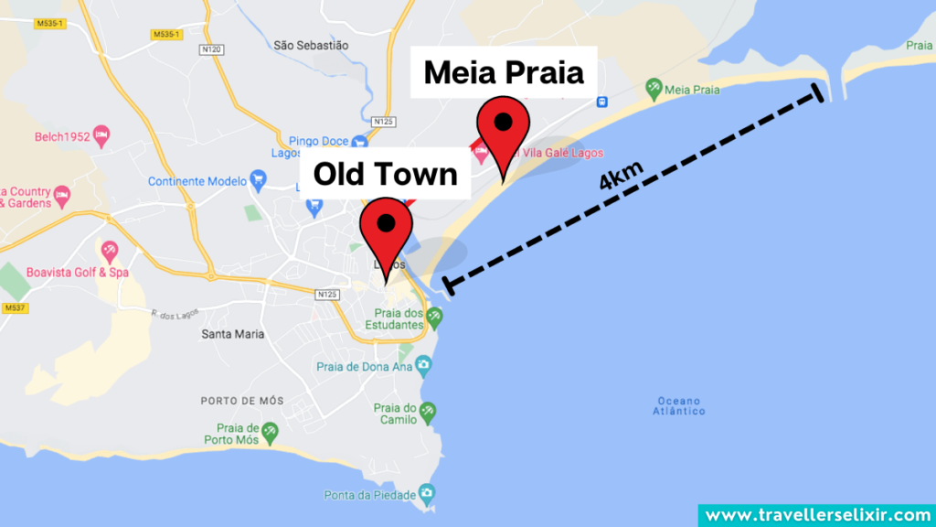 Map showing the location of Meia Praia in Lagos, Portugal.
