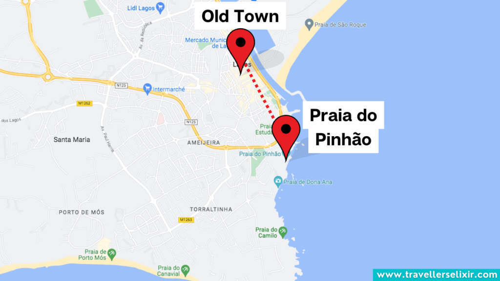 Map showing the location of Praia do Pinhão in Lagos, Portugal.