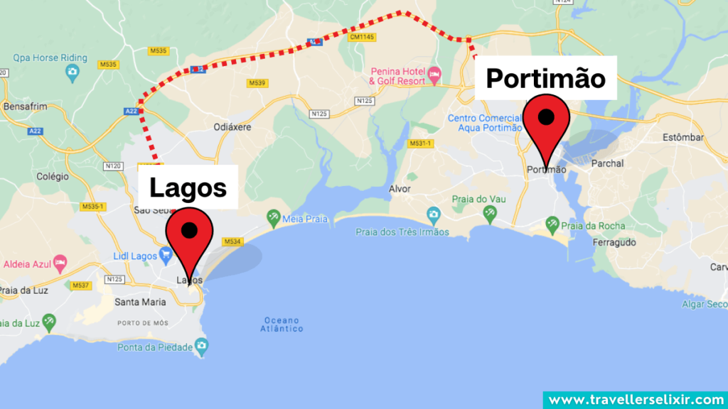 Map showing the route from Lagos to Portimão.