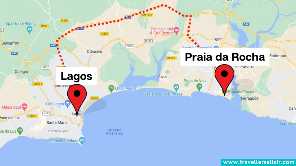 Map showing the route from Lagos to Praia da Rocha.