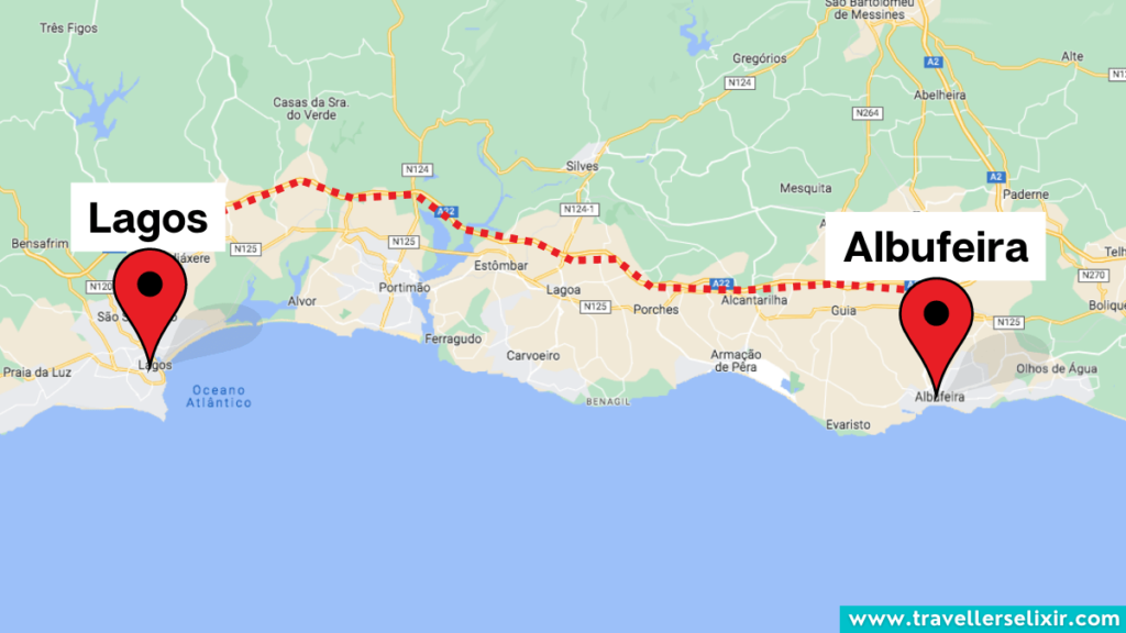 Map showing route from Lagos to Albufeira.