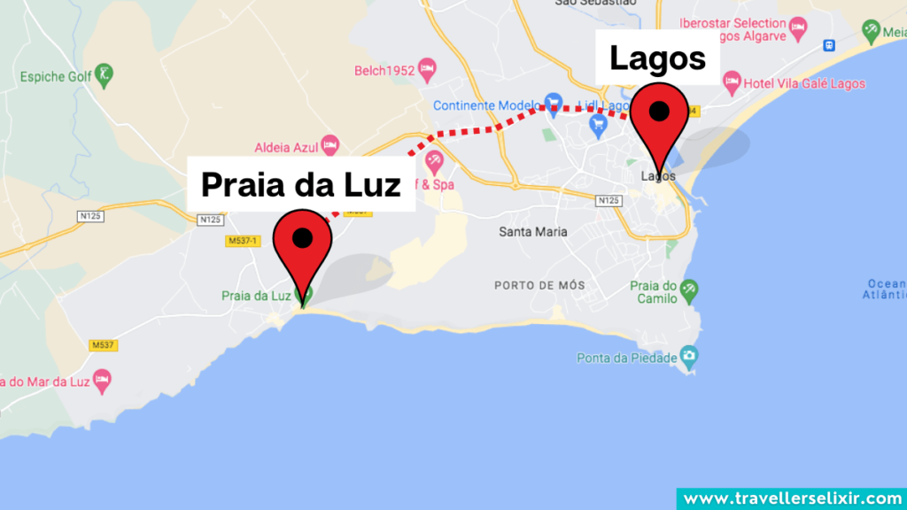 Map showing route from Lagos to Praia da Luz.