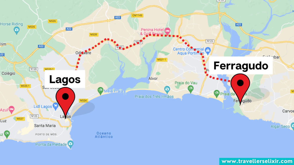 Map showing the route from Lagos to Ferragudo.