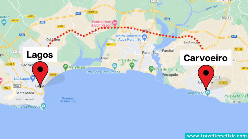Map showing the route from Lagos to Carvoeiro.
