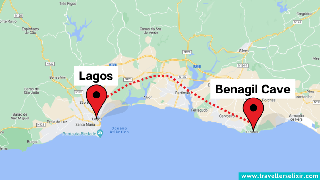 Map showing the route from Lagos to Benagil Cave.