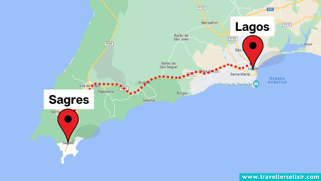Map showing the route from Lagos to Sagres.