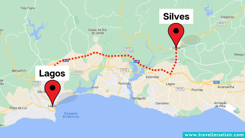 Map showing the route from Lagos to Silves.