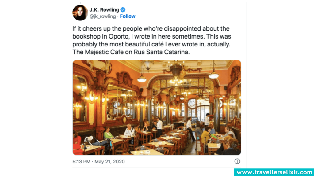 Tweet from J.K. Rowling confirming that she visited Majestic Cafe in Porto.