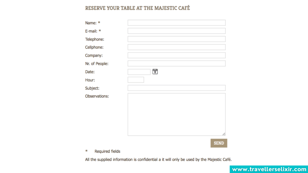 Screenshot from the Majestic Cafe website showing the reservation form.