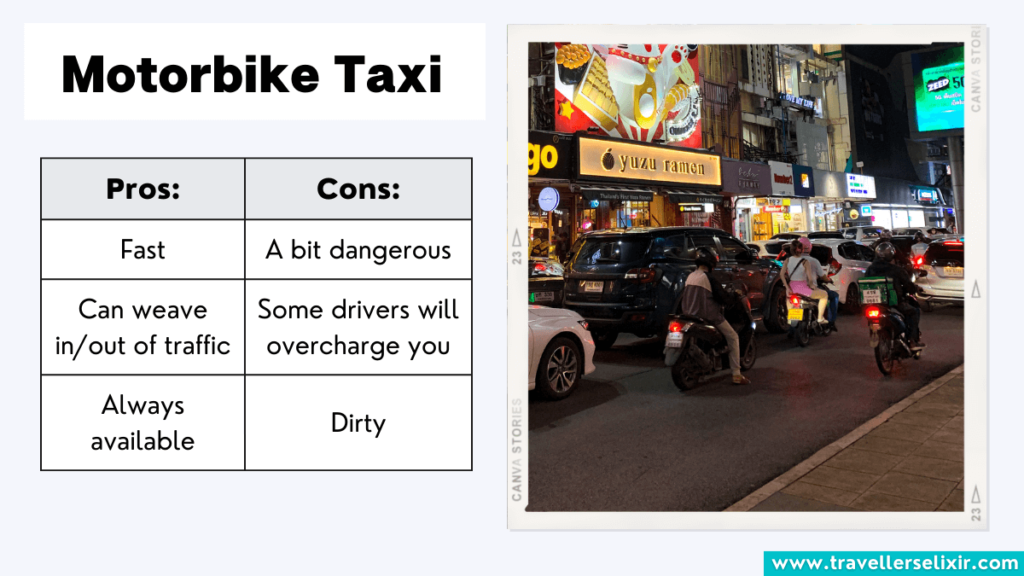 Pros and cons of motorbike taxis in Bangkok.