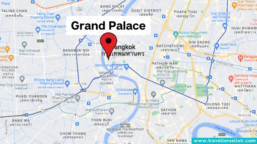 Map of Bangkok showing the location of the Grand Palace.