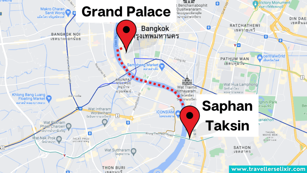 Map showing the route from Saphan Taksin to the Grand Palace.