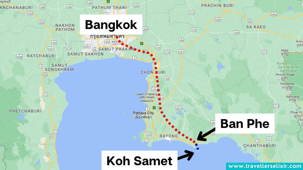 Map showing the route from Bangkok to Koh Samet.