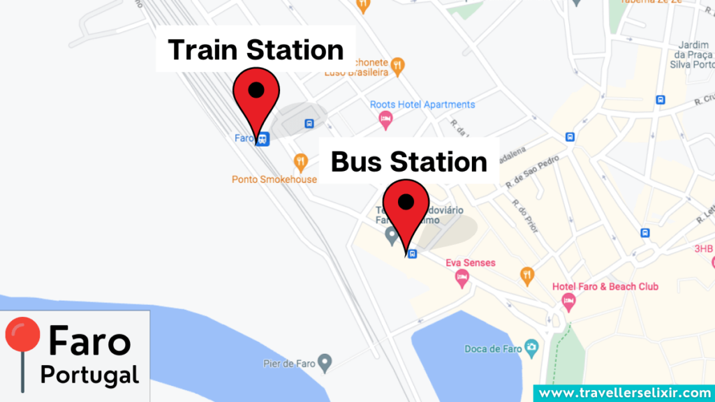Map showing the location of the train station and bus station in Faro, Portugal.