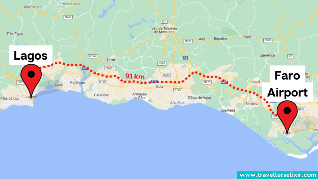 Map showing the distance between Lagos and Faro Airport.