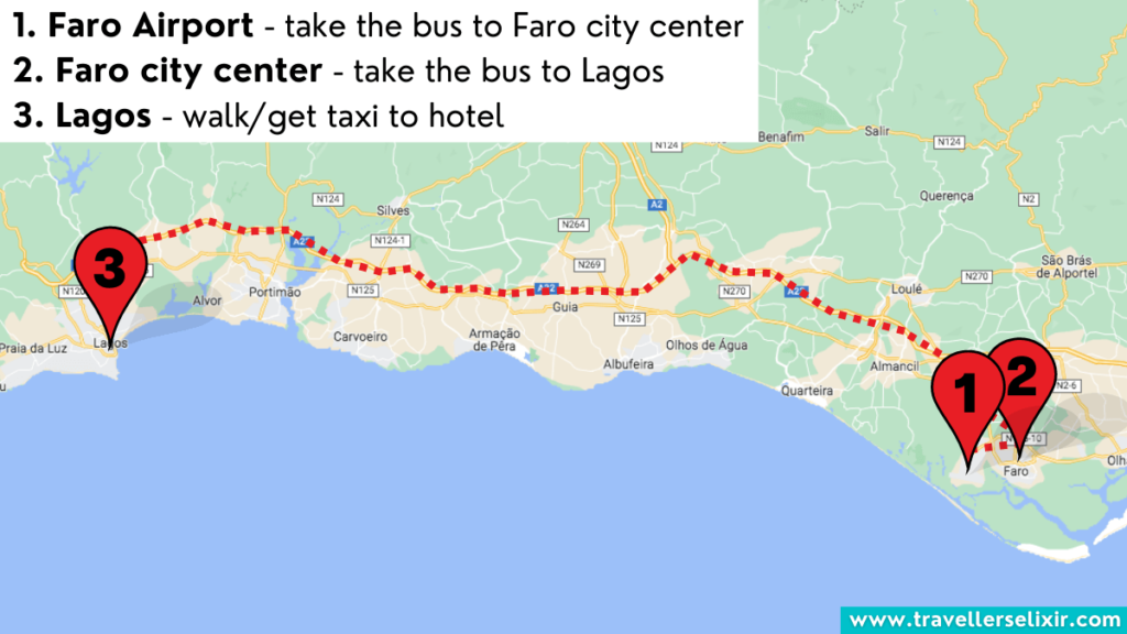 Map showing route from Faro Airport to the city center to Lagos.