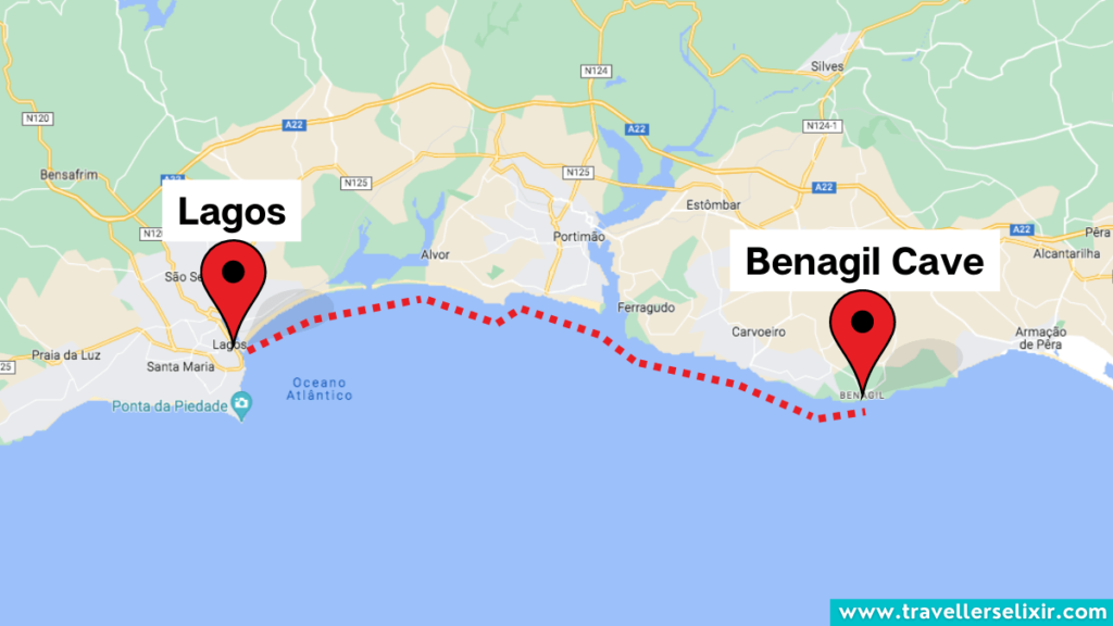 Map showing boat tour route from Lagos to Benagil Cave.