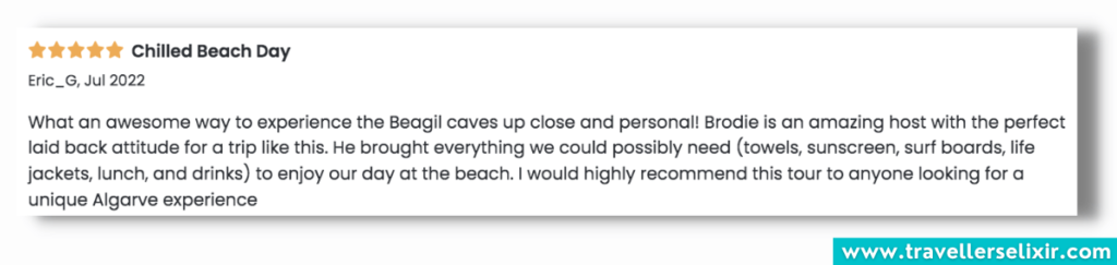 Customer review of swim and chill tour.