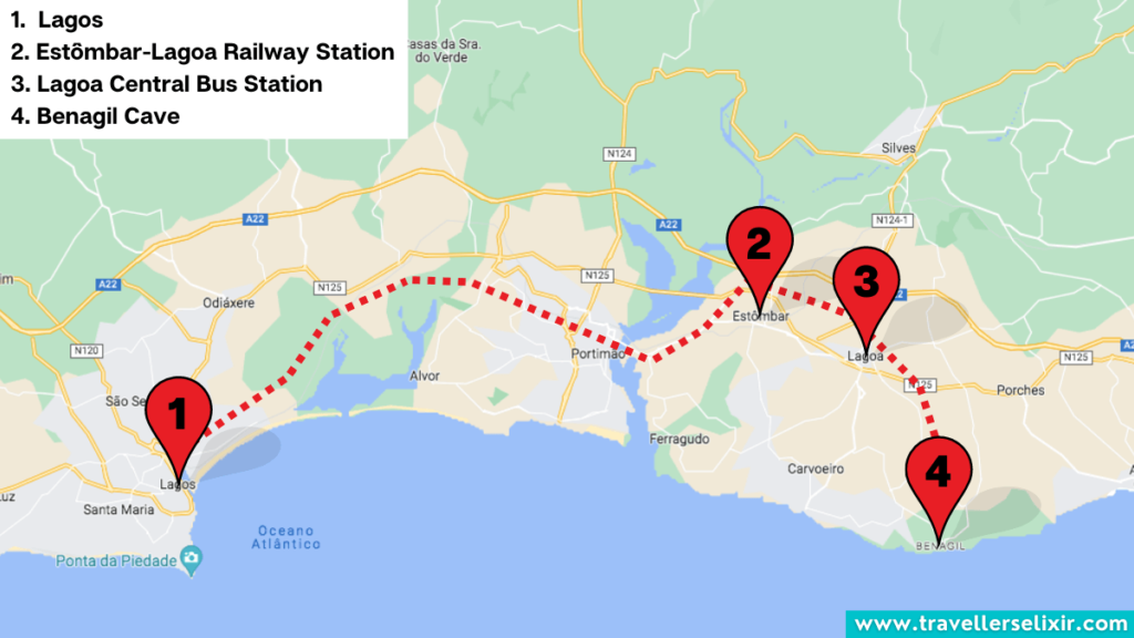 Map showing how to get from Lagos to Benagil Cave by train/bus.