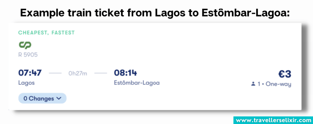 Example train ticket from Lagos to Estômbar-Lagoa.