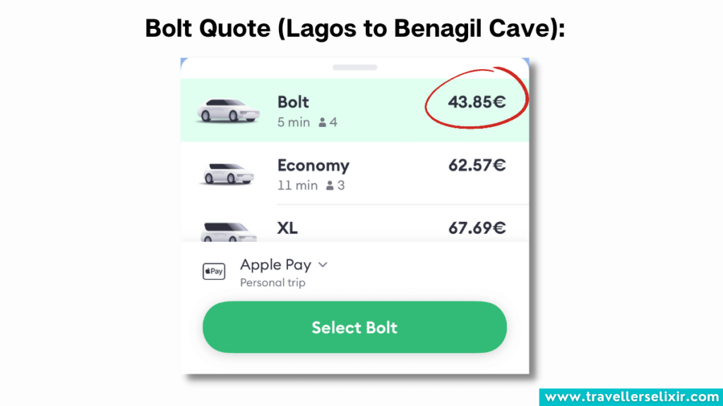 Screenshot from Bolt app showing how much it costs to travel from Lagos to Benagil Cave.