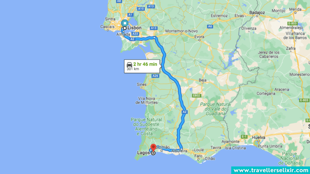 Screenshot from Google Maps showing the car journey from Lisbon to Lagos.