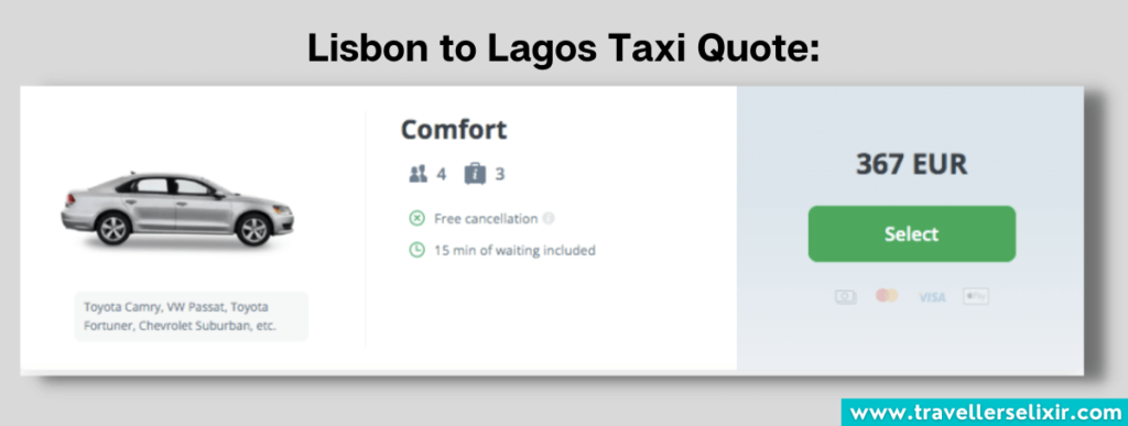 Example taxi price from Lisbon to Lagos.