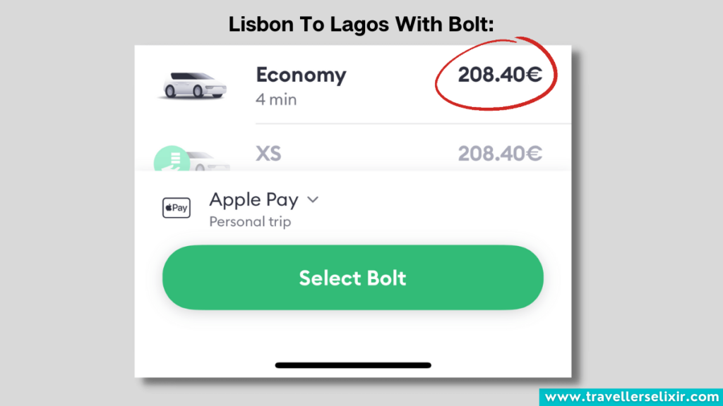 Screenshot from Bolt showing price estimate for journey from Lisbon to Lagos.