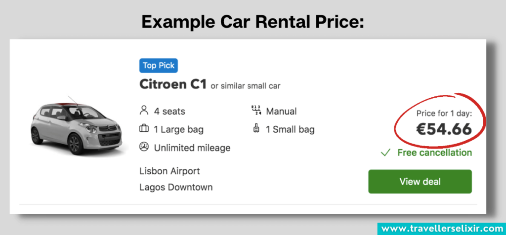 Example car rental price with pick-up in Lisbon and drop-off in Lagos.