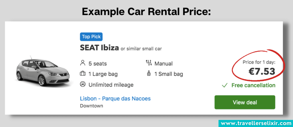 Example car rental price with pick-up and drop-off in Lisbon.