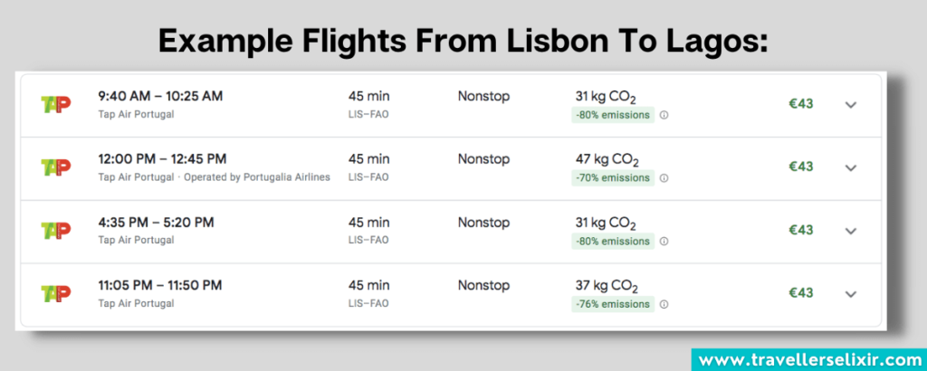 Example flights from Lisbon to Lagos.