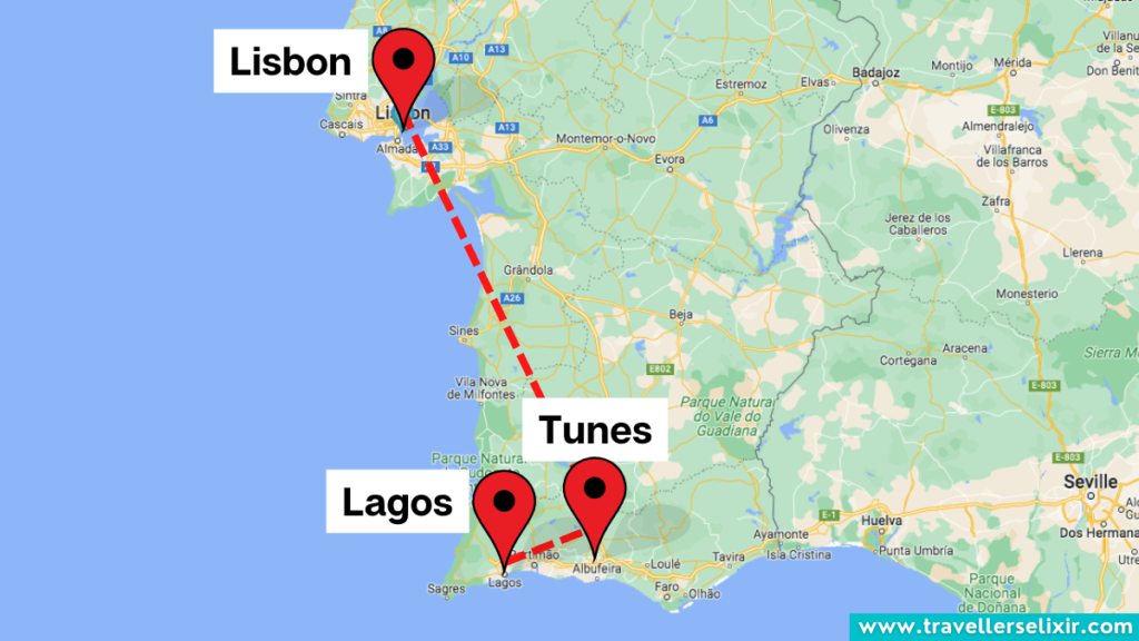 Map showing the location of Lisbon, Tunes and Lagos.