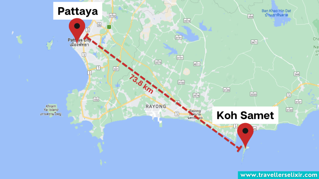 Map showing the distance between Pattaya and Koh Samet.