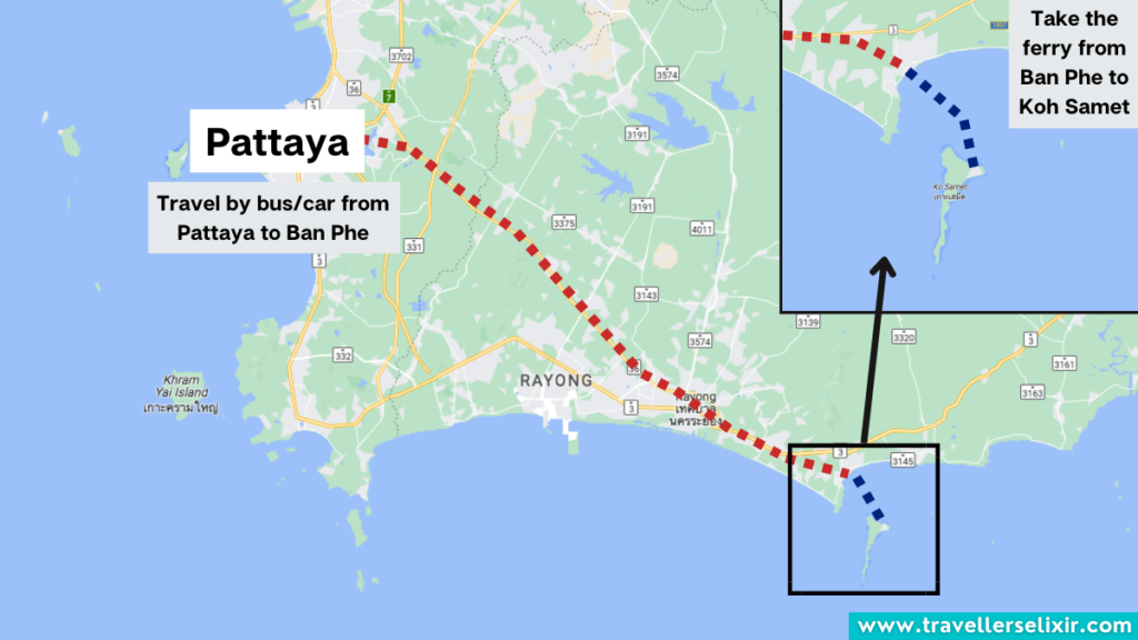 Map showing the route from Pattaya to Koh Samet.