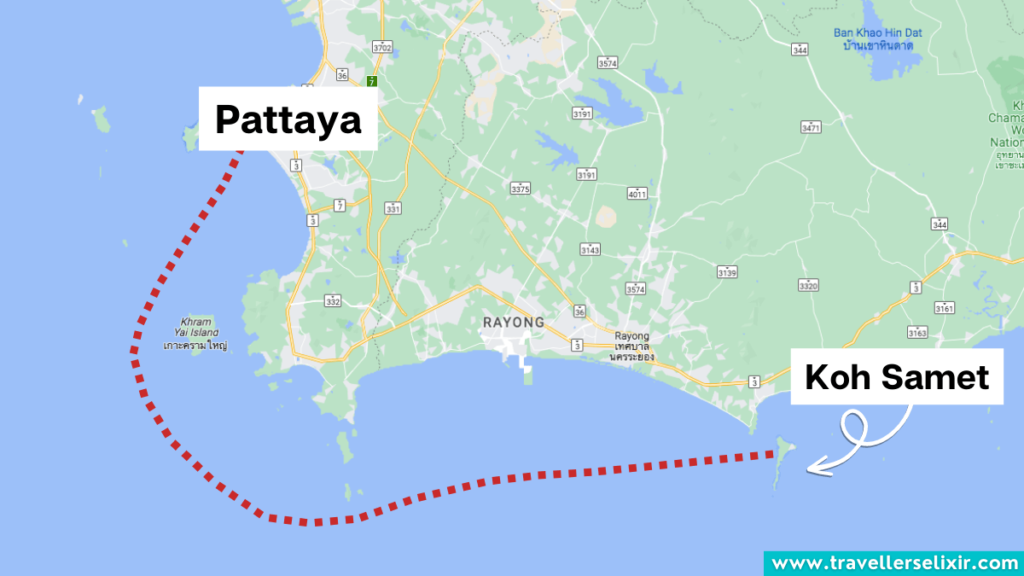 Map showing how far Pattaya is to Koh Samet by boat.
