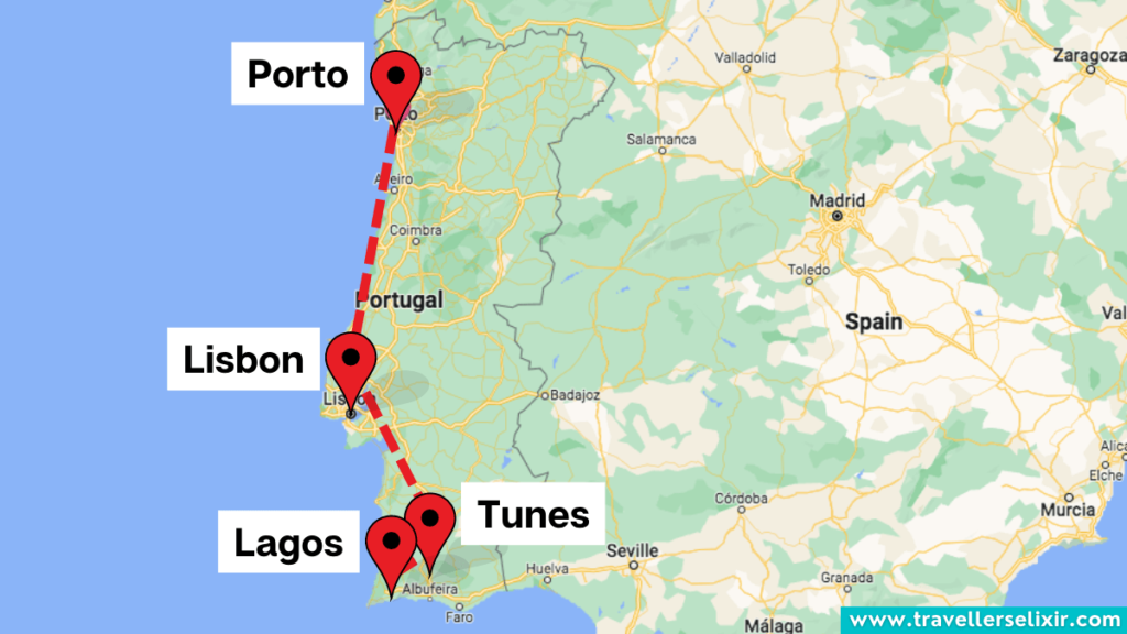 Map of Portugal showing the locations of Porto, Lisbon, Tunes and Lagos.