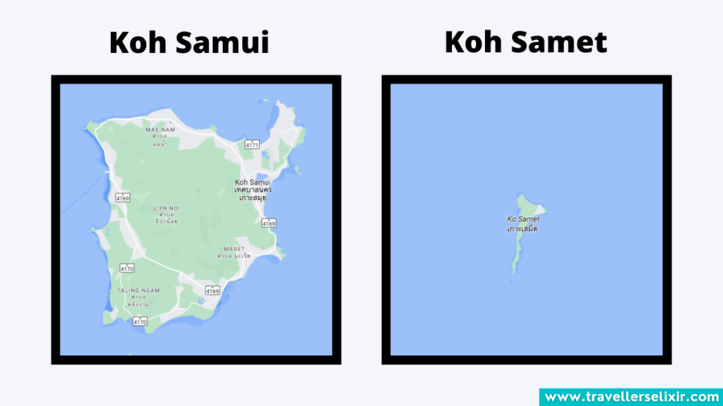 Map of Koh Samui and Koh Samet highlighting the size difference.