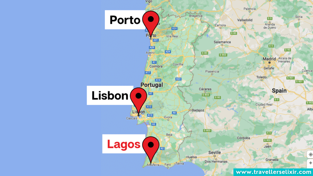 Map showing the location of Lagos in Portugal.