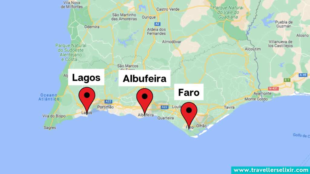 Map of the Algarve showing the location of Lagos, Albufeira and Faro.