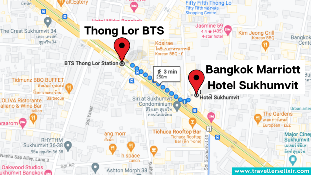 Screenshot from Google Maps showing the distance between Thong Lor and Bangkok Marriott Hotel Sukhumvit.