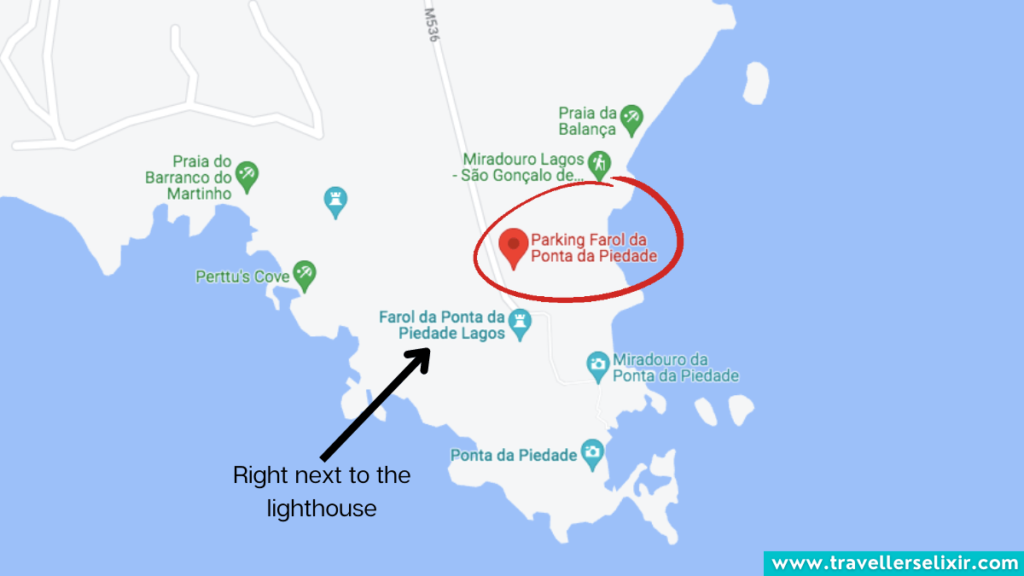 Map showing the location of the car park at Ponta da Piedade.