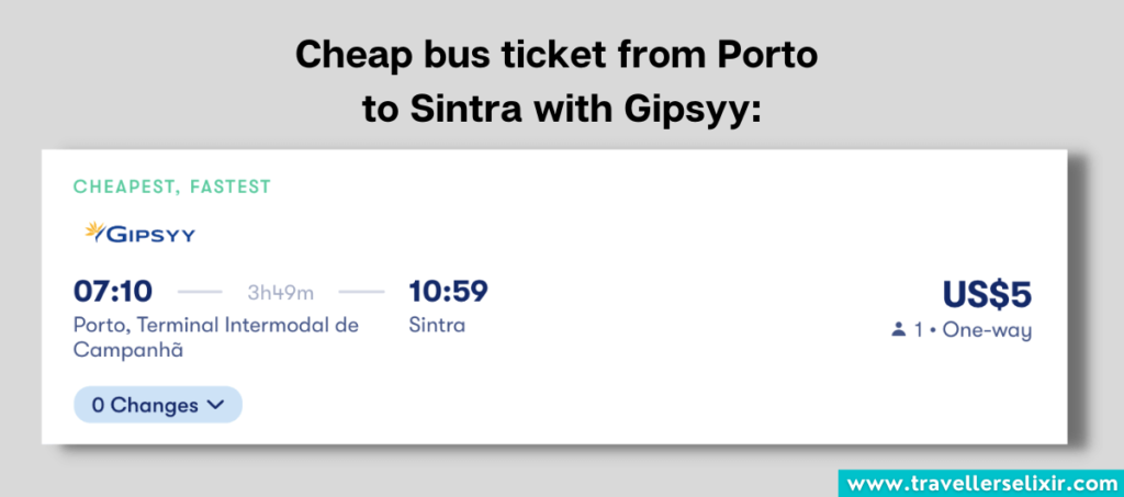 Example cheap bus ticket from Porto to Sintra with Gipsyy.