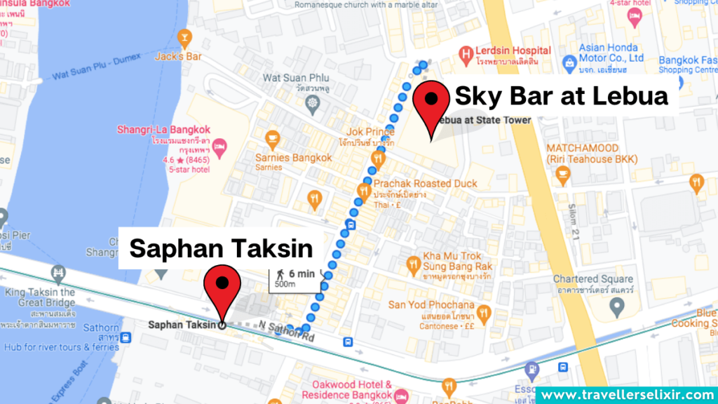 Map showing route from Saphan Taksin to Sky Bar.