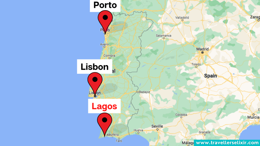 Map showing the location of Lagos in Portugal.