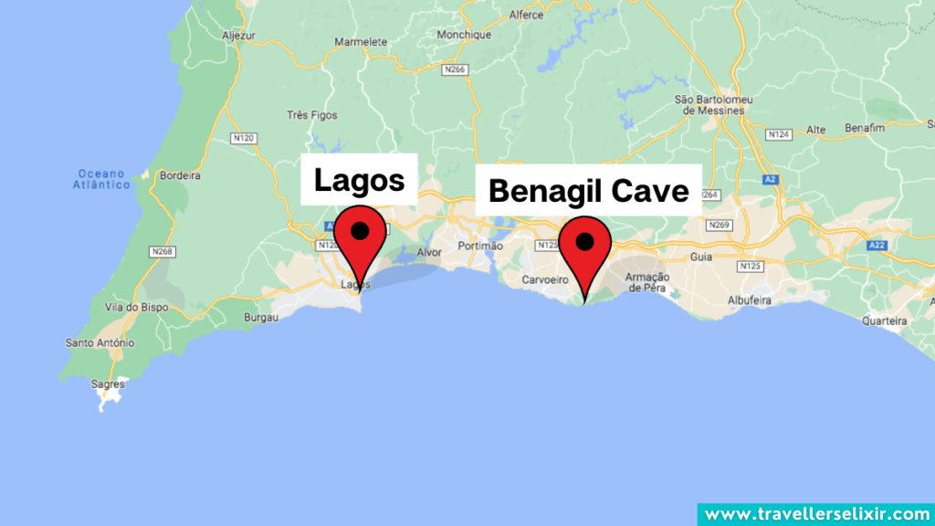Map showing the location of Benagil Cave in the Algarve.