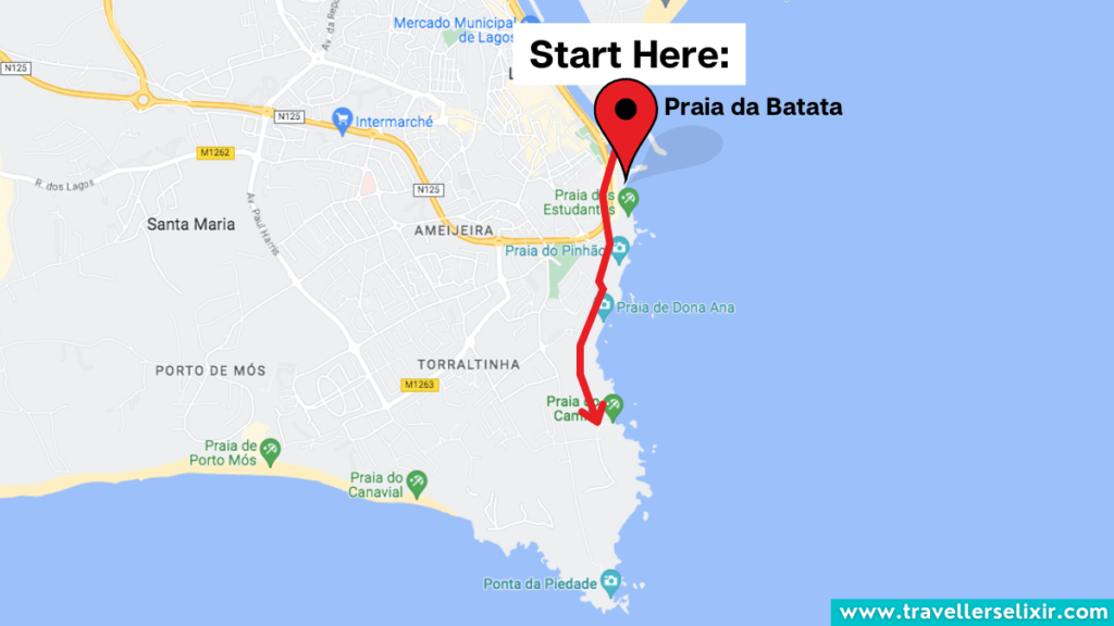 Map showing walking route along the beaches in Lagos.