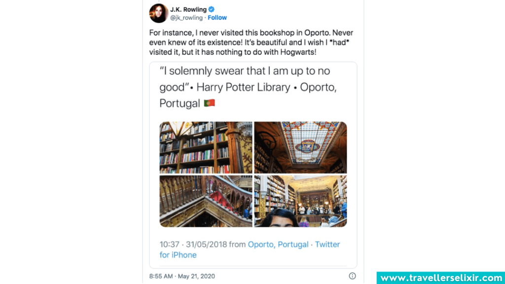 Screenshot of the tweet from J.K. Rowling where she confirms she never visited Livraria Lello.