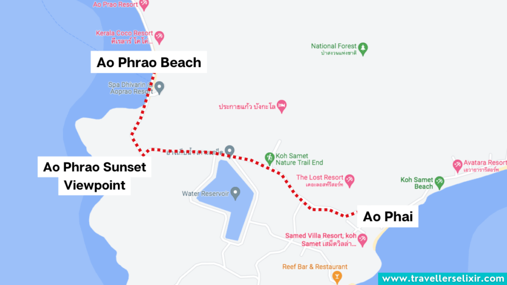 Map showing the route from Ao Phai to Ao Phrao.
