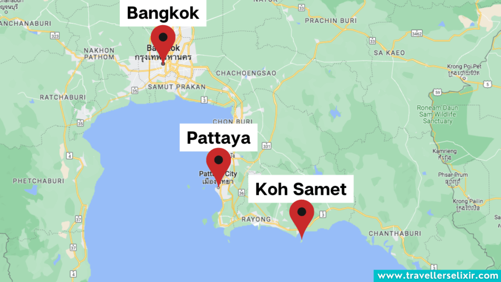 Map showing location of Koh Samet in Thailand.